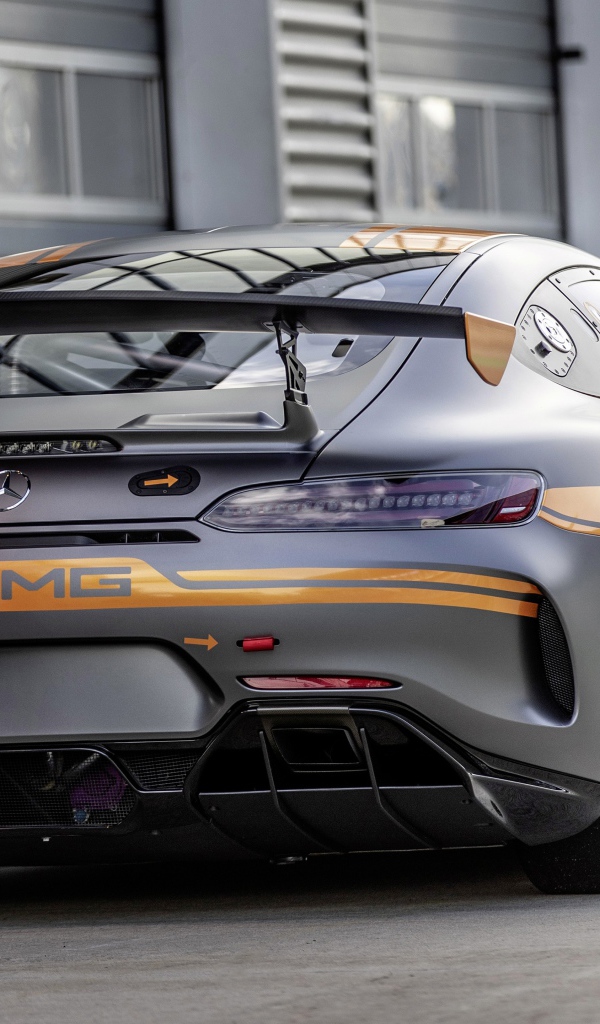 Серебристый автомобиль Mercedes-AMG GT4 2020 года вид сзади