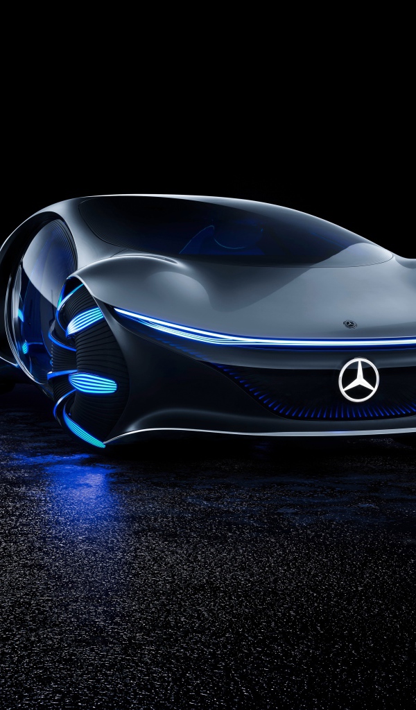 Футуристический автомобиль Mercedes-Benz VISION AVTR 2020 года на черном фоне