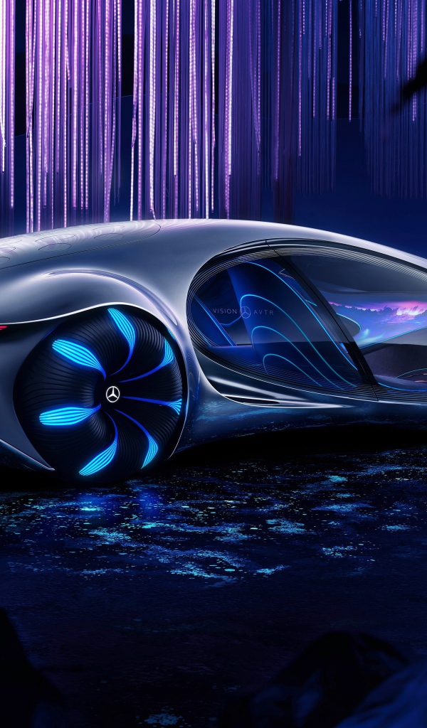 Футуристический автомобиль Mercedes-Benz VISION AVTR 2020 года на неоновом фоне