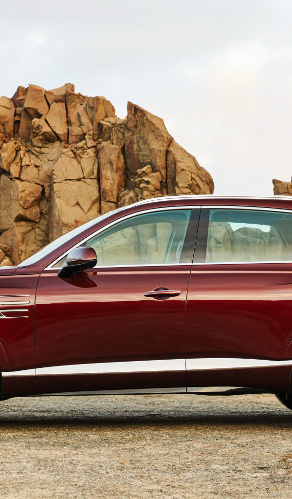 Бордовый автомобиль Genesis GV80 2.5T 2020 года на фоне гор