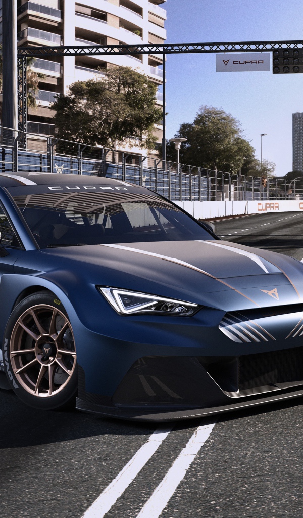 Стильный автомобиль Cupra Leon E-Racer 2020 года на гонках 