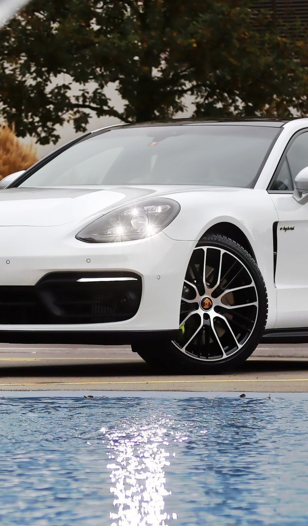 Белый автомобиль Porsche Panamera 4S E-Hybrid Sport Turismo 2020 года у бассейна