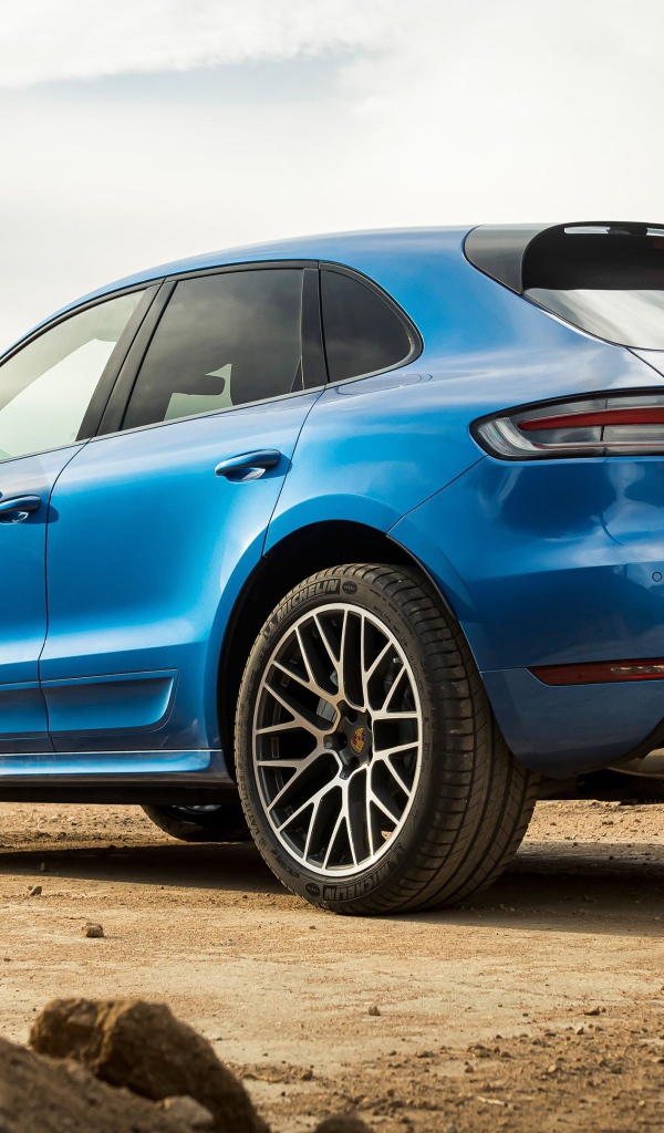 Синий автомобиль  Porsche Macan Turbo, 2020 года вид сзади 