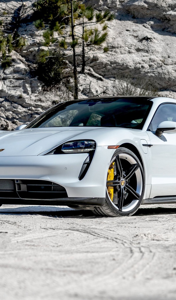 Белый  Porsche Taycan Turbo S, 2020 года у горы 