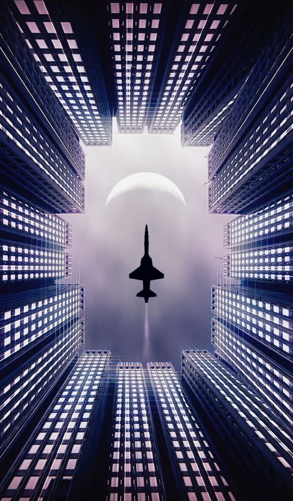 Самолет летит над небоскребами 