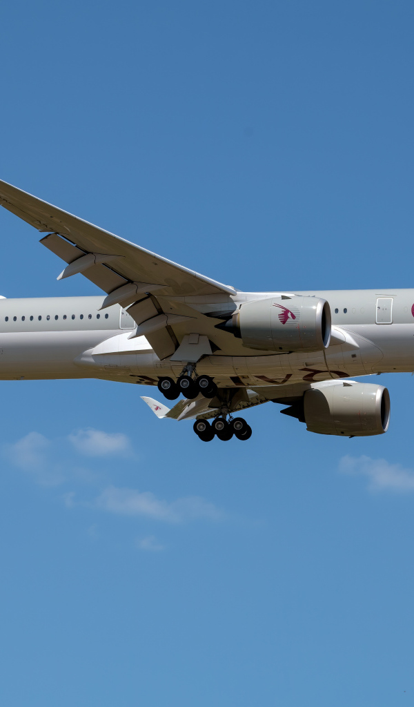 Пассажирский аэробус  A350-1000 авиакомпании Qatar в голубом небе 