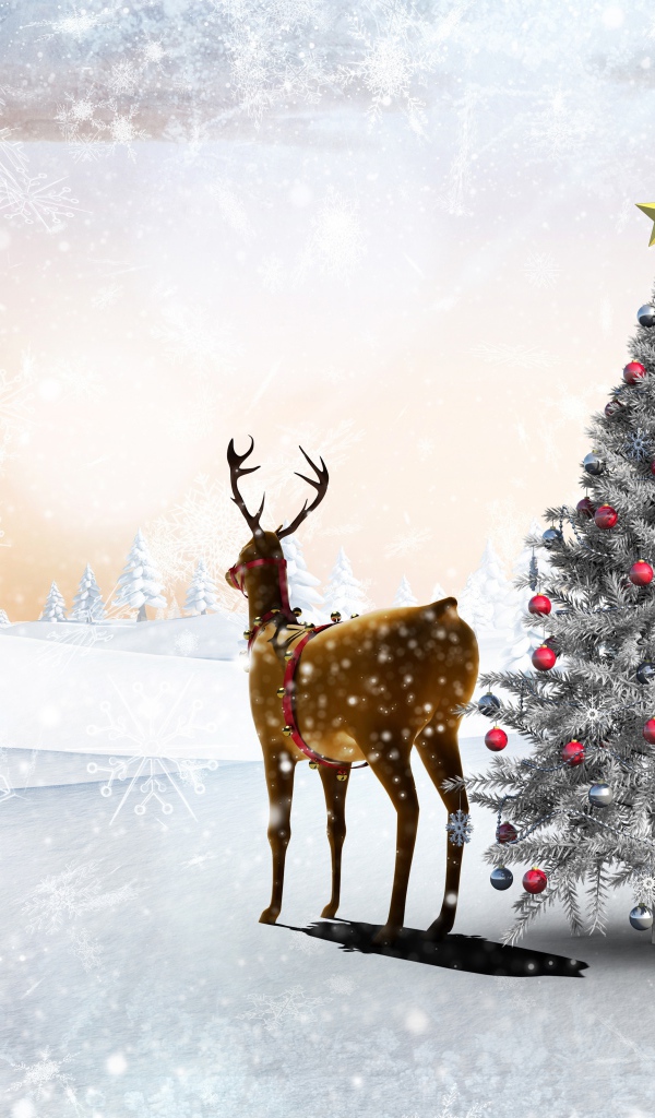 Олень у наряженной ели, шаблон открытки на Рождество