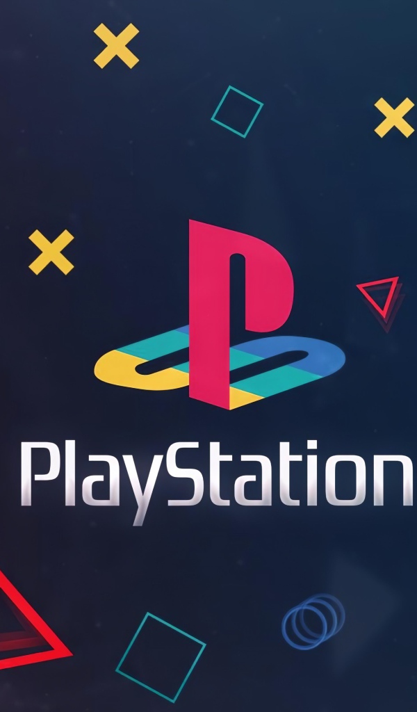 Логотип PlayStation на синем фоне с геометрическими фигурами