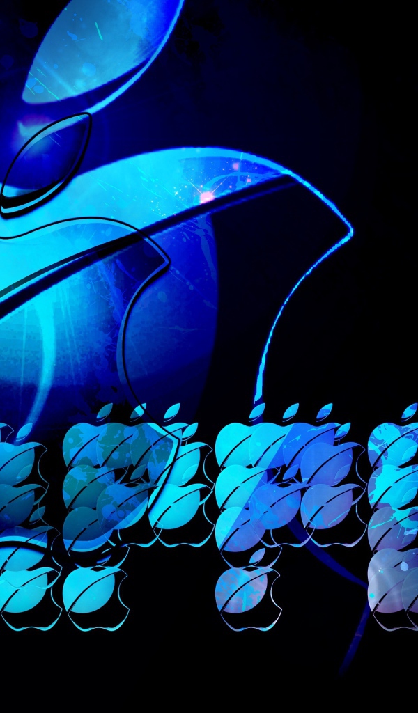 Синий неоновый логотип Apple на черном фоне