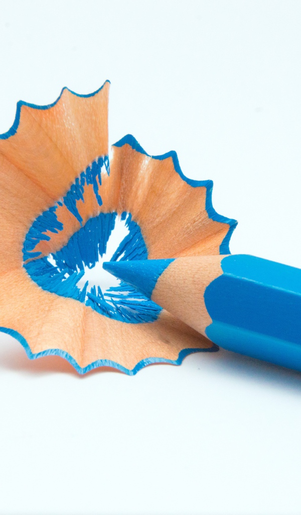 Голубой карандаш со стружкой на белом фоне