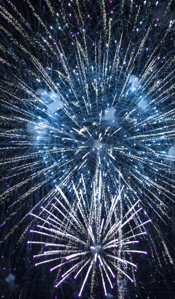 Яркие искры праздничного фейерверка  в ночном небе 