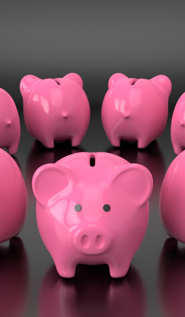 Много розовых свиней копилок на сером фоне