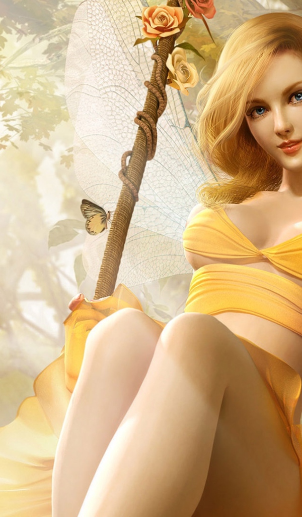 Красивая девушка эльф катается на качели