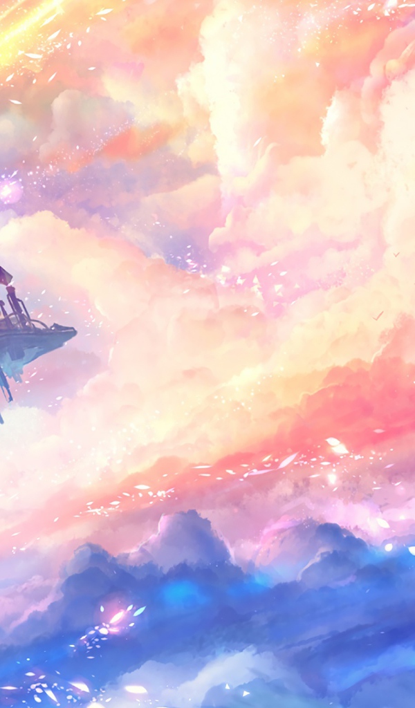 Фантастический замок на летающем острове в небе 