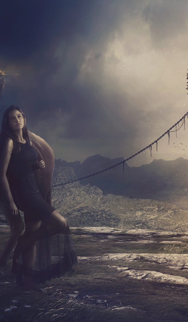 Девушка в черном платье с лошадью на фантастической планете