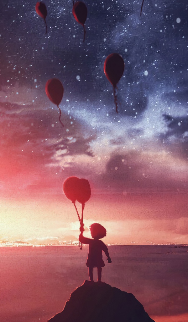 Маленький мальчик запускает в ночное небо воздушные шары на берегу реки