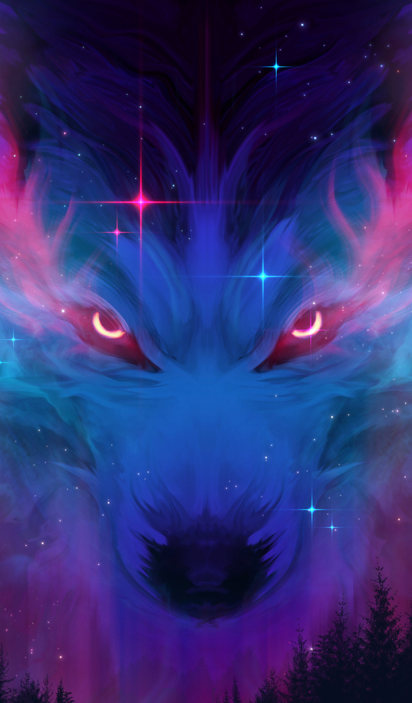 Неоновый волк в облаках над лесом