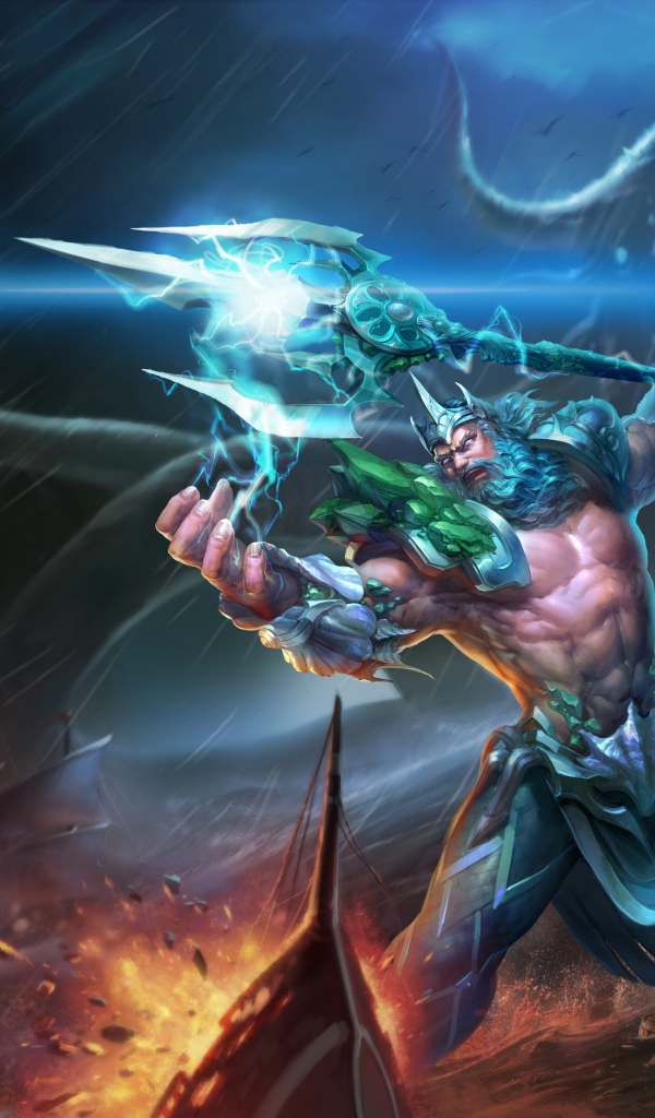 Грозный царь Посейдон в море с трезубцем