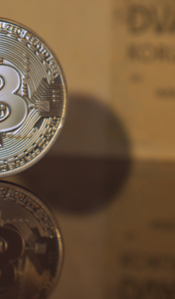 Монета биткоин отражается в зеркальной поверхности 