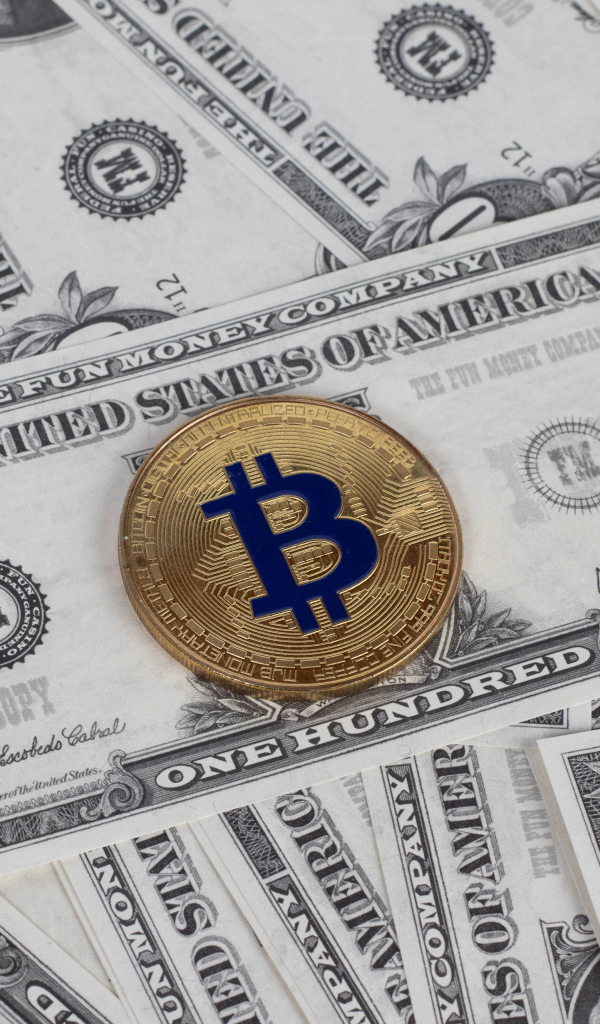 Монета Биткоин лежит на стодолларовых купюрах