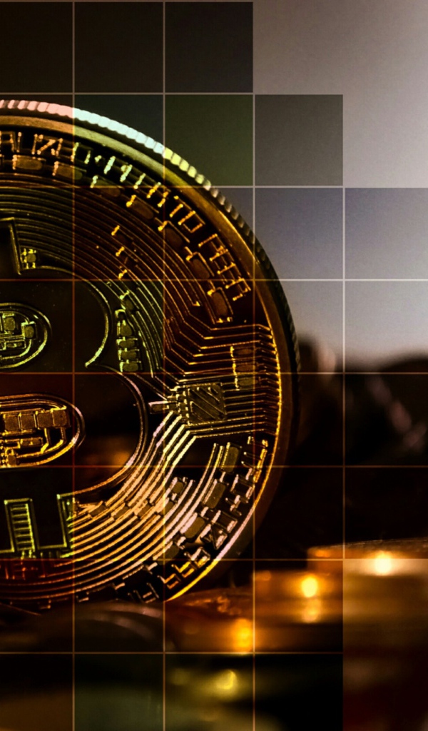 Монеты биткоин на фоне в клетку 