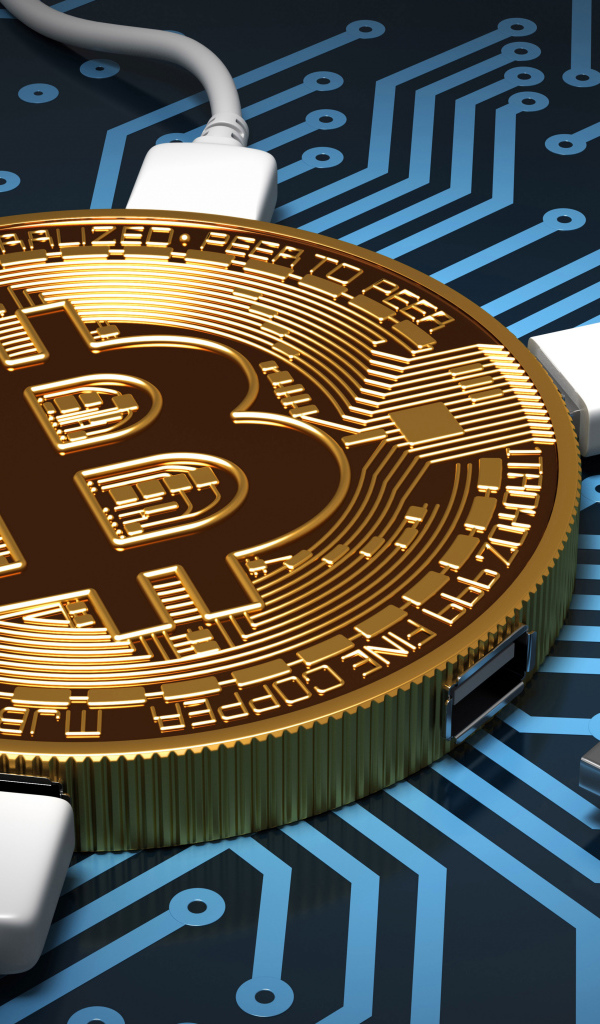Кабель USB подключен к монете биткоин