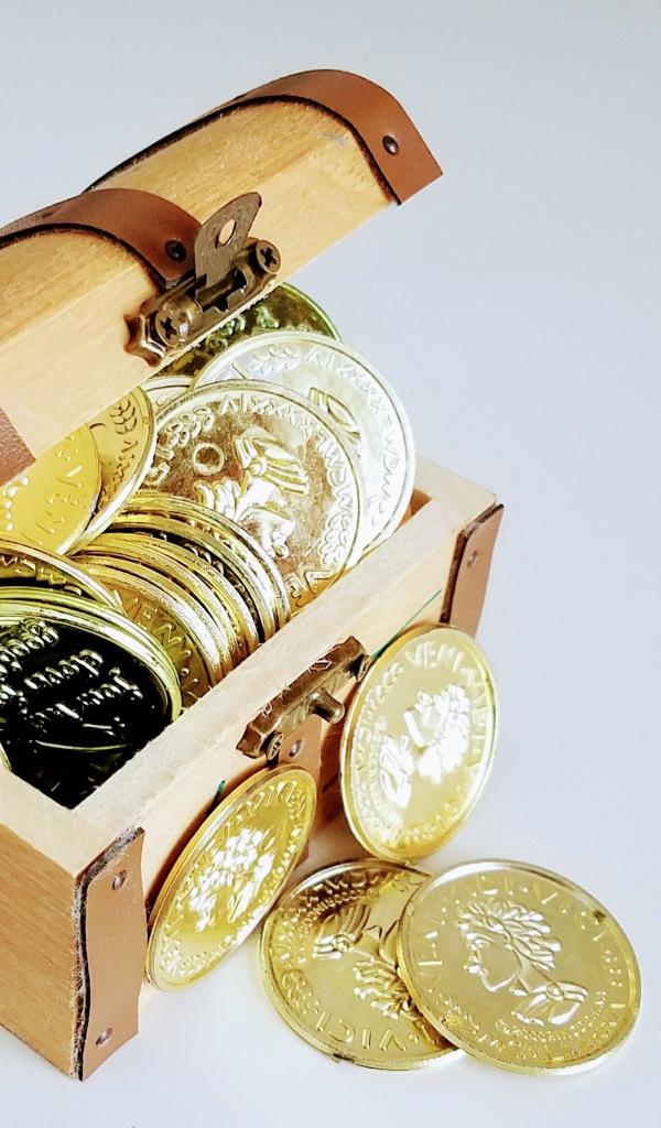 Золотые монеты в сундуке на сером фоне