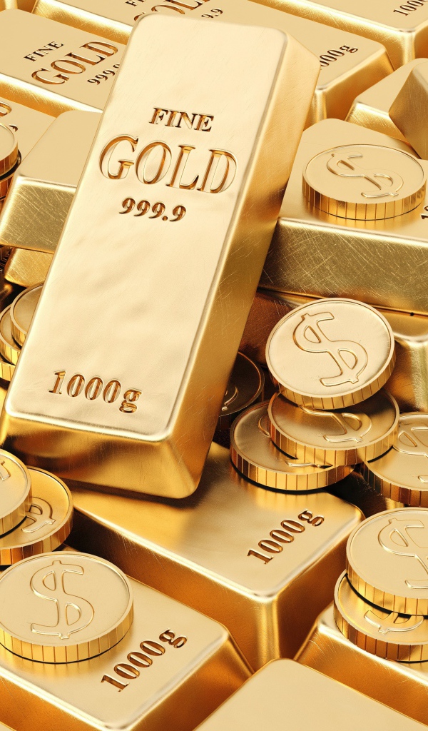 Много золотых слитков золота и монет 