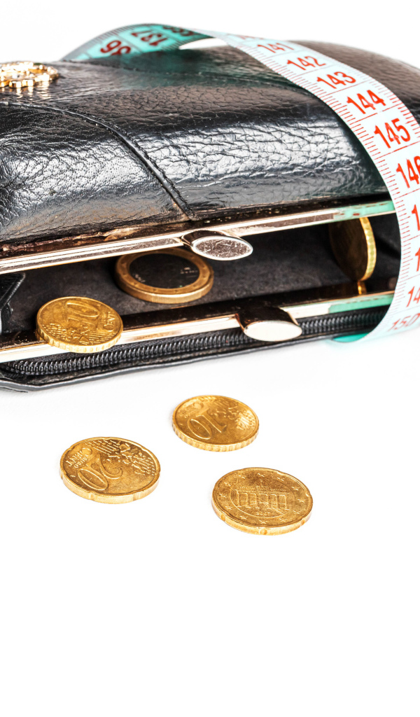 Black leather wallet with coins and a centimeter on a white background