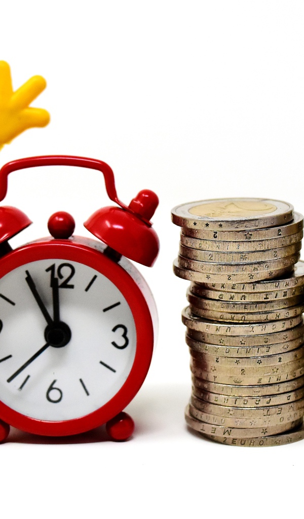 Желтый человечек с будильником и монетами 