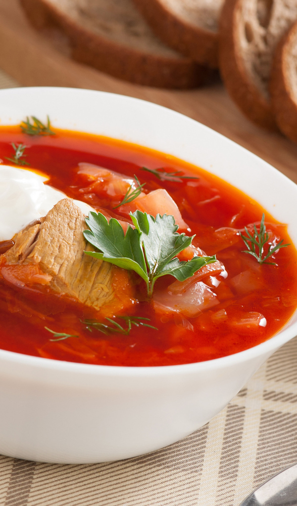 Тарелка горячего борща на столе с хлебом и чесноком