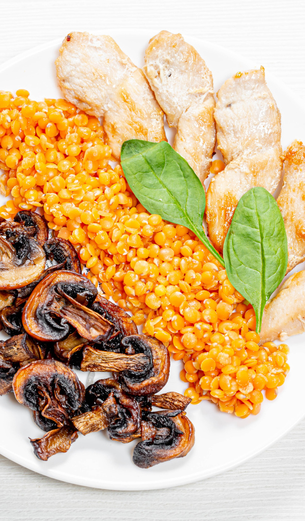 Шампиньоны на тарелке с чечевицей и курицей