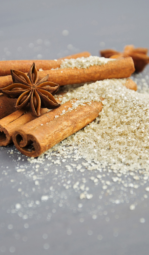Корица, бадьян и сахар на сером столе 