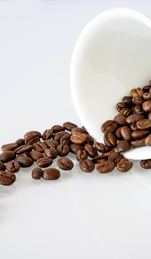 Кофейные зерна высыпают из белой чашки на стол 