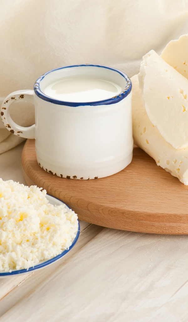 Творог, сыр и кружка молока на столе 
