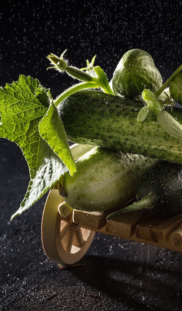 Огурцы на игрушечной тележке на черном столе