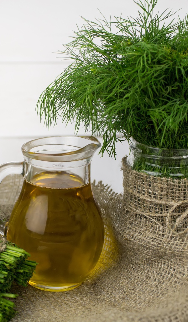 Свежий укроп на столе с оливковым маслом 