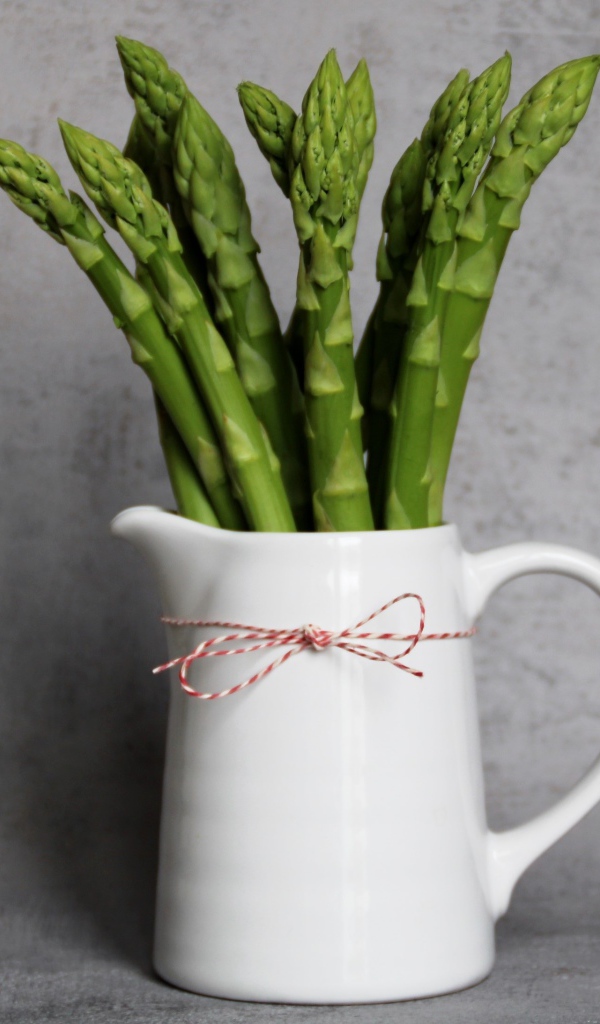 Зеленая спаржа в белой вазе на фоне серой стены