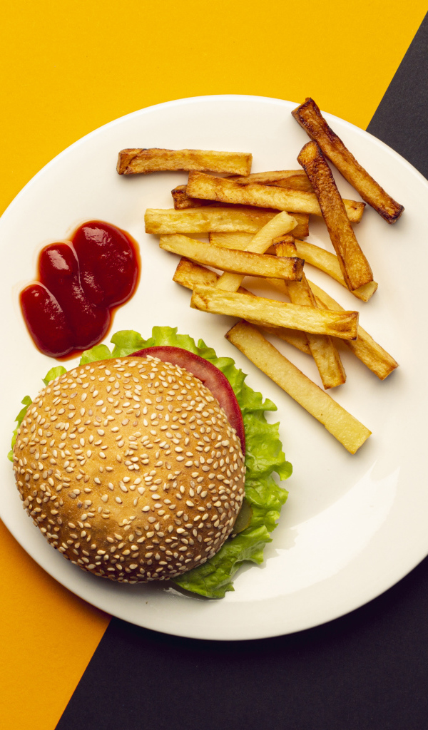 Гамбургер на белой тарелке с соусом и картофелем фри