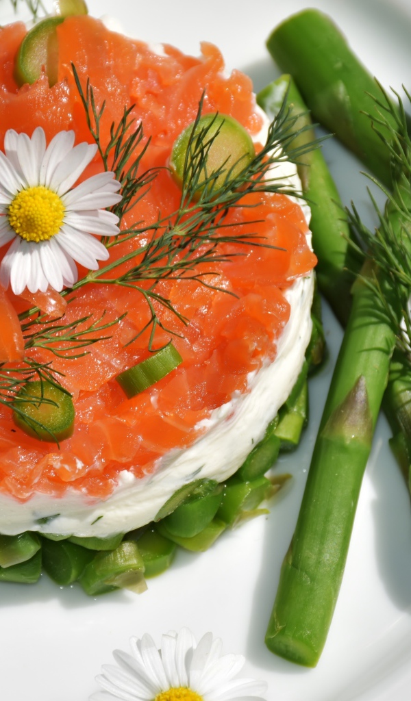 Салат с красной рыбой на тарелке со спаржей, укропом и цветами ромашки