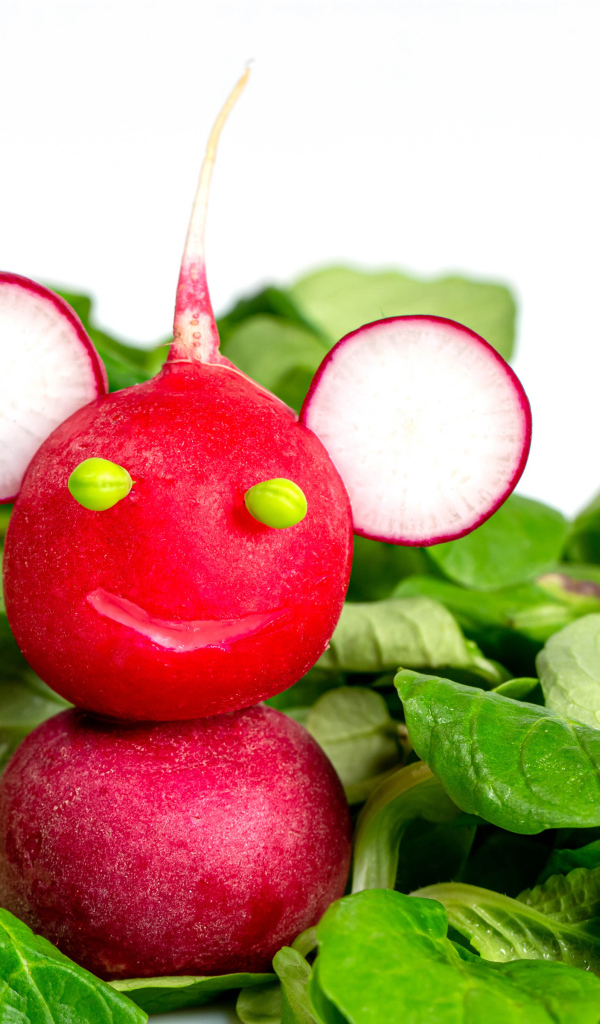 Зверь из красного редиса на листьях базилика 