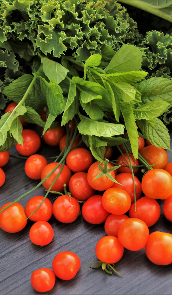 Красные мелкие помидоры на столе с зеленью 