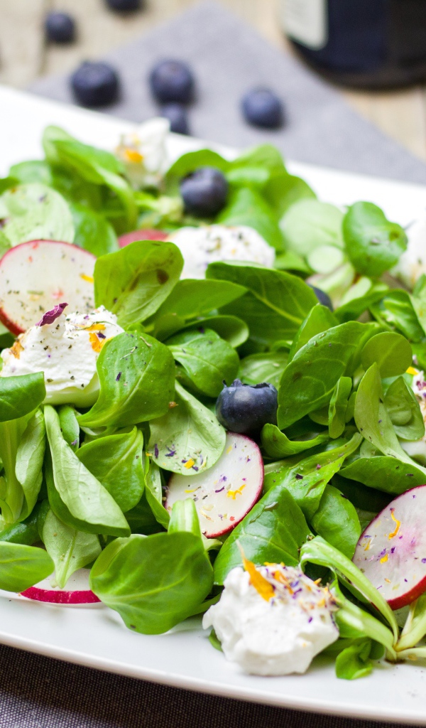 Салат с редисом, базиликом, сыром и ягодами черники 