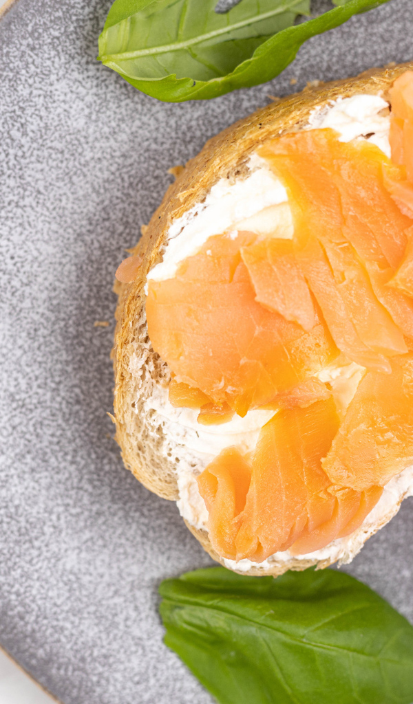 Бутерброд с сыром, красной рыбой и листьями базилика