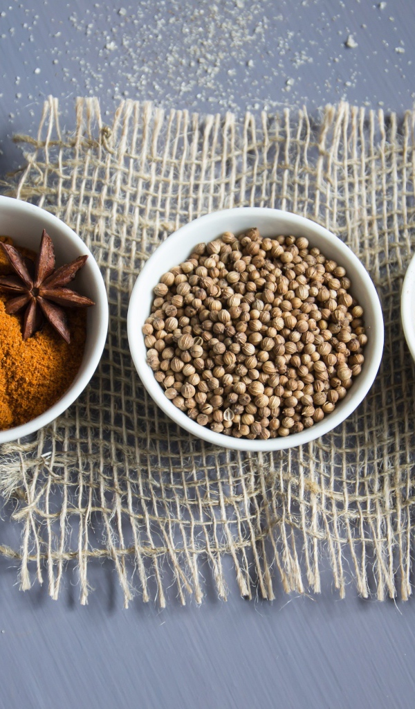 Специи в белых мисках на сером столе 