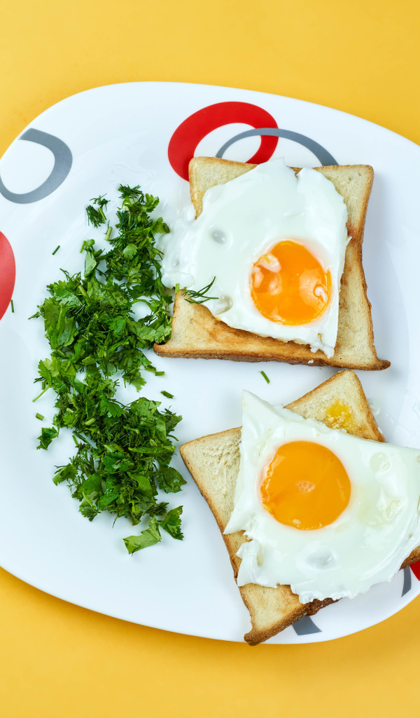 Тосты с яичницей на тарелке с зеленью петрушки 