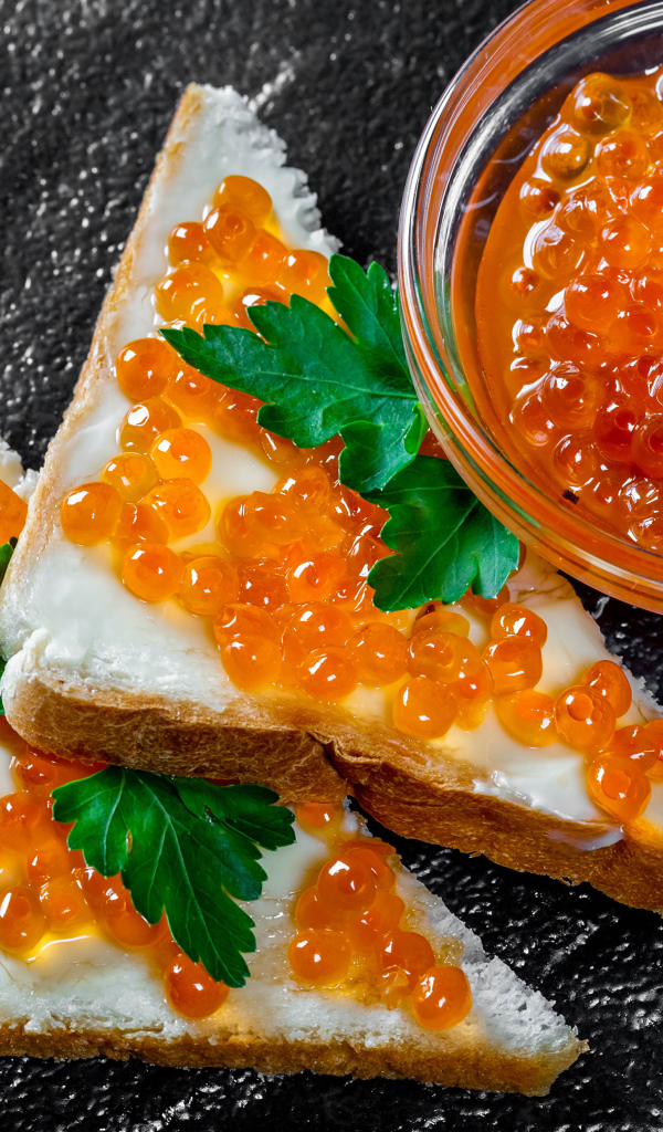 Два бутерброда с красной икрой на столе