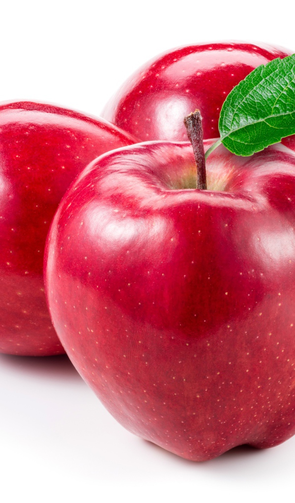 Четыре красных яблока крупным планом на белом фоне