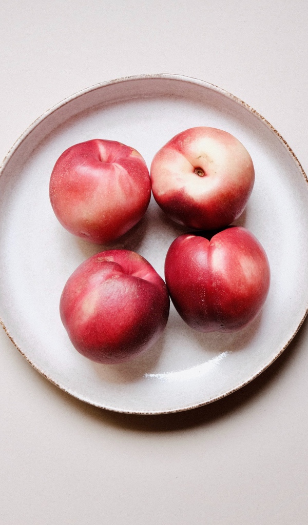 Four red ripe nectarines on a plate