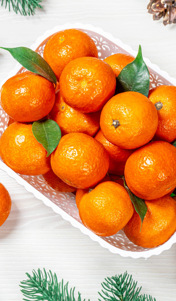 Много спелых мандаринов в белой корзинке на столе с шишками